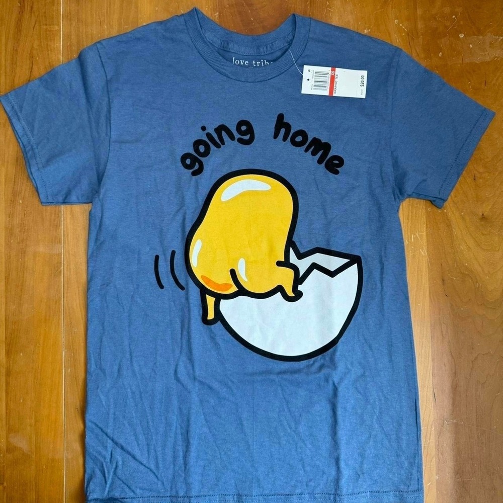 Love Tribe Sanrio Gudetama Going Home Blue Graphic Tee T-Shirt XS New